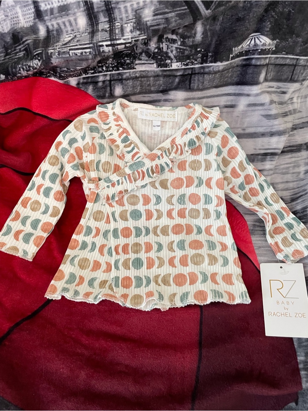 Rachel Zoe Multicolor Moon-Print Wrap Top - Cream, Peach, Sage